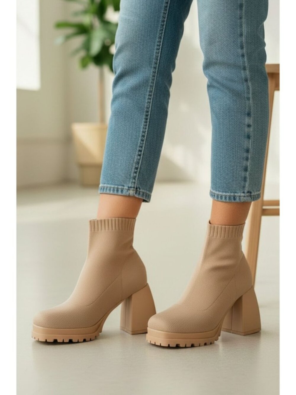 Chunky Heel Knit Ankle Boots Nude Lug Sole Sock Booties For Women